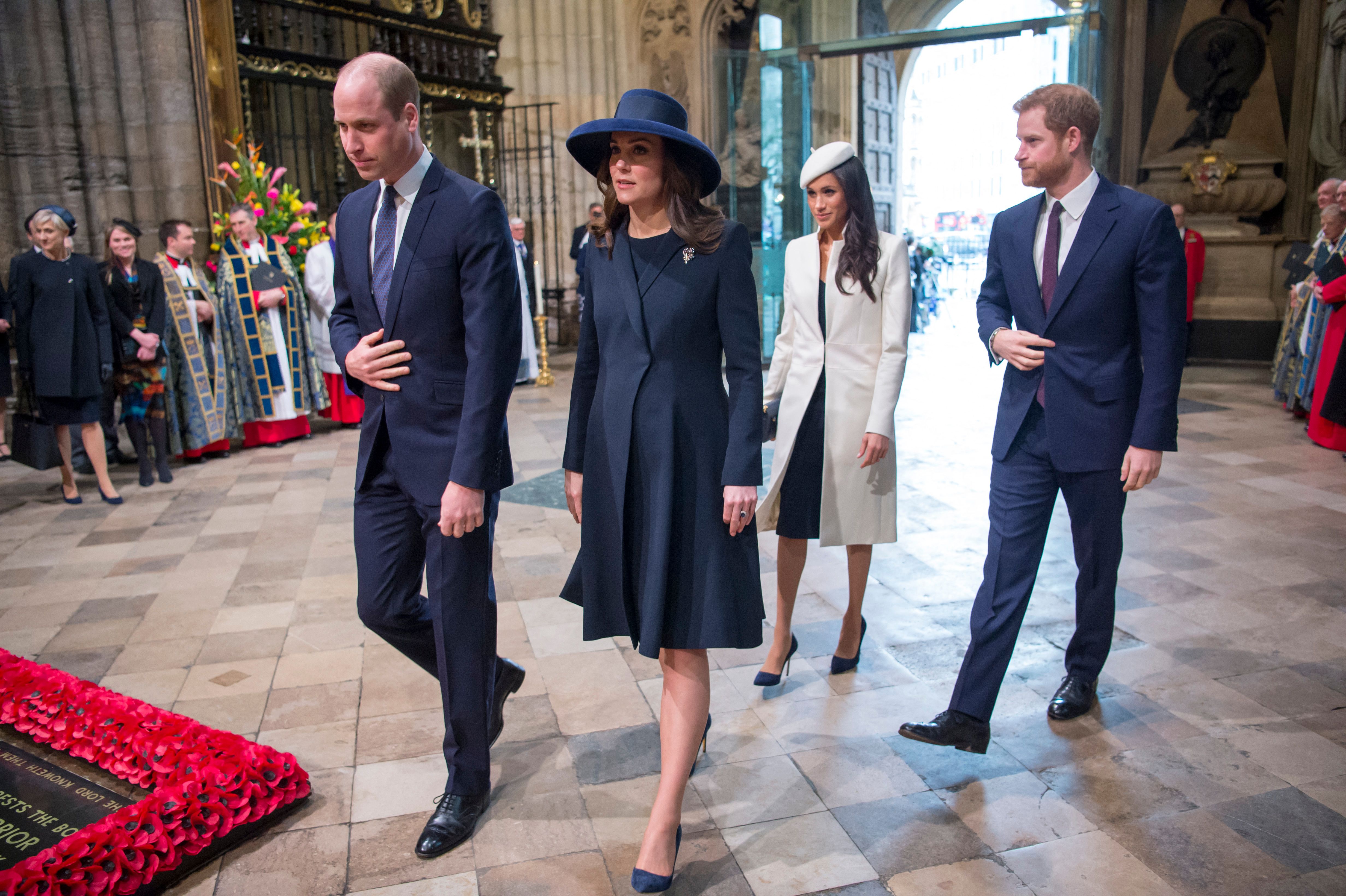 El príncipe William, la princesa Catherine, el príncipe Harry y Meghan Markle en el Servicio del Día de la Commonwealth en la Abadía de Westminster, en el centro de Londres, el 12 de marzo de 2018 | Foto: Getty Images
