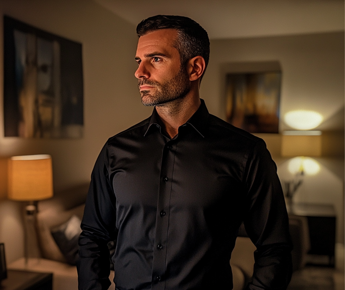 Un hombre con camisa negra de etiqueta | Fuente: Midjourney