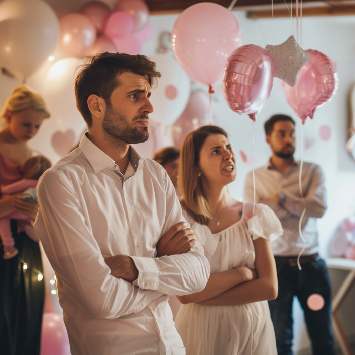 Una pareja de embarazadas se enfada al ver una visita inesperada en su fiesta del bebé | Fuente: Midjourney