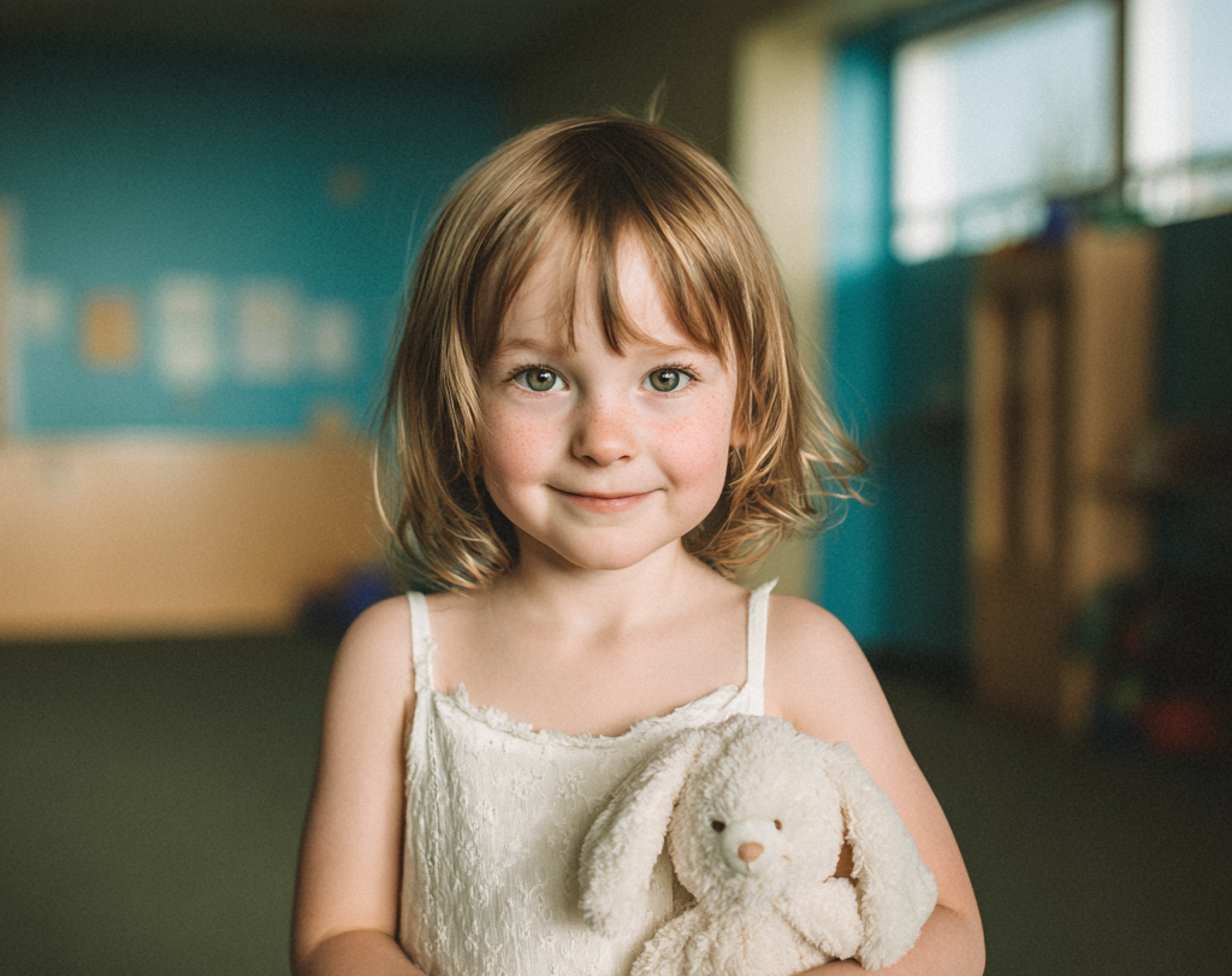 Una niña sonriente con un vestido blanco | Fuente: Midjourney