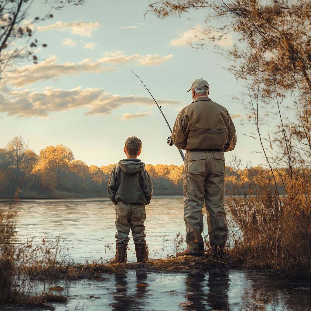 Un anciano y un niño pescando | Fuente: Midjourney