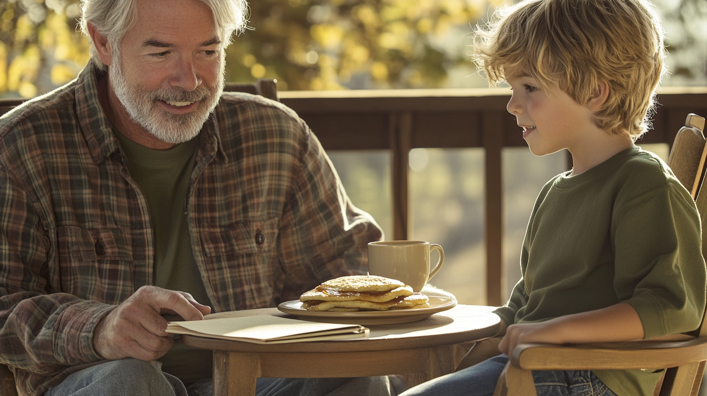 Un anciano y un niño comiendo panqueques | Fuente: Midjourney