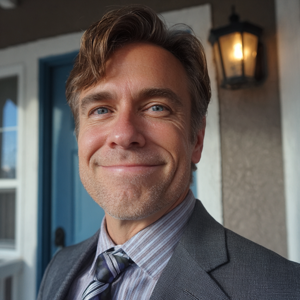 Un uomo sorridente in piedi su un portico | Fonte: Midjourney