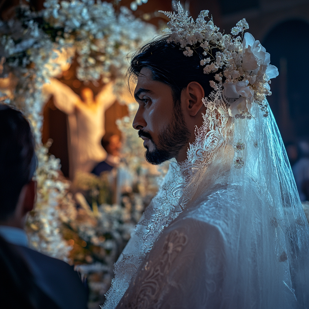 Un hombre vestido de novia ante el altar | Fuente: Midjourney