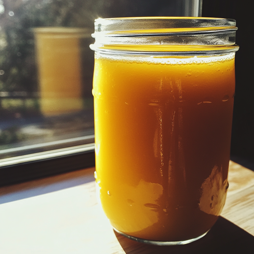 Jugo de naranja en un tarro de cristal | Fuente: Midjourney