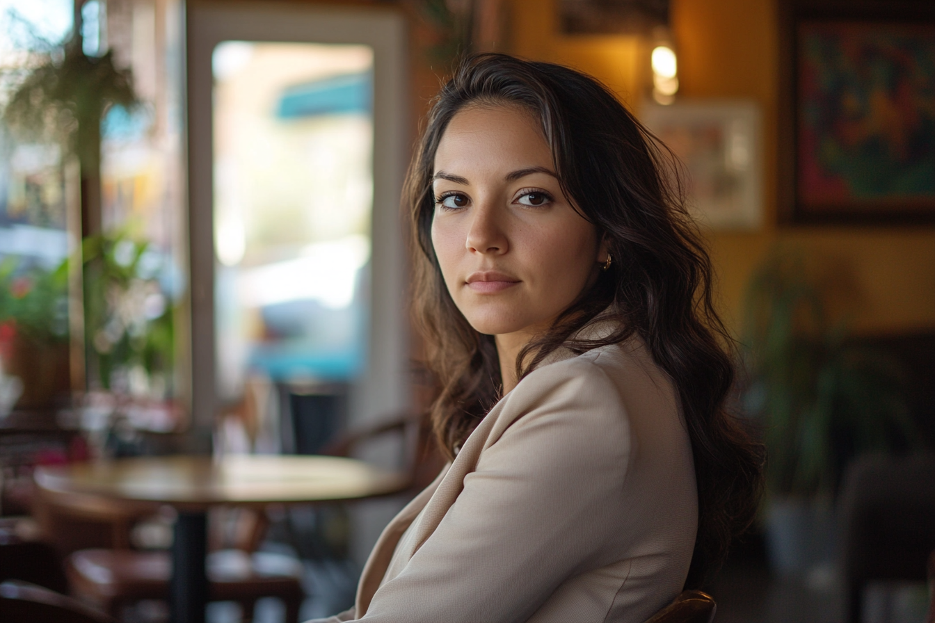 Una mujer en un café observando a alguien | Fuente: Midjourney