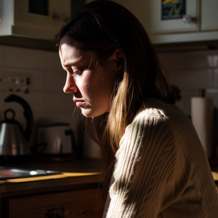 Una mujer triste en la cocina | Fuente: Midjourney