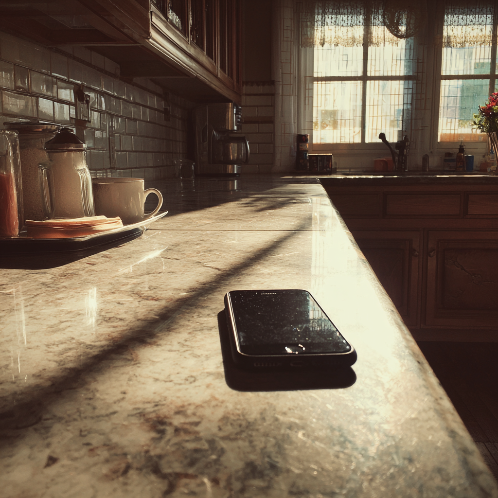 Un móvil en la encimera de la cocina | Fuente: Midjourney