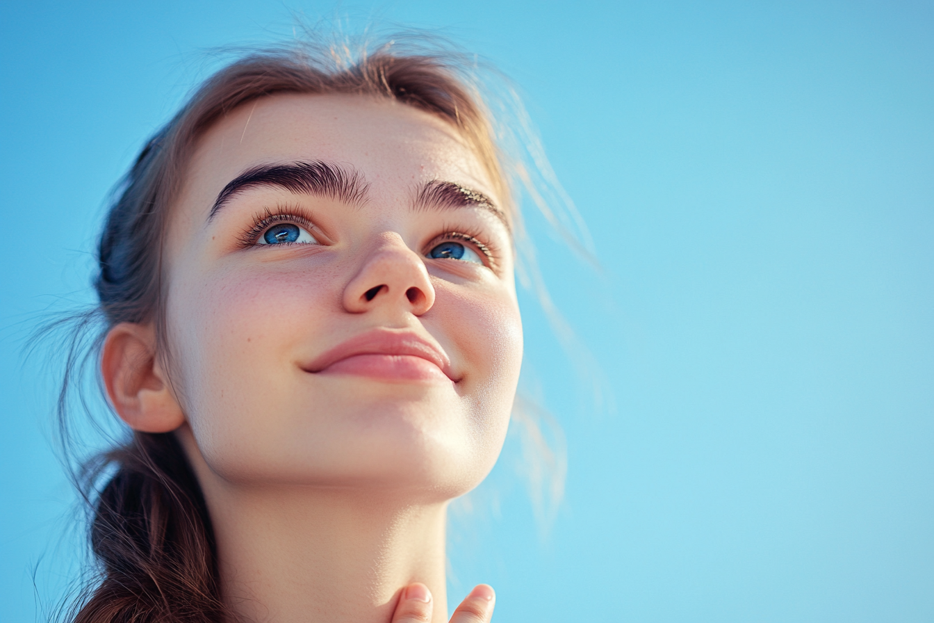 Una mujer sonriendo mientras mira al cielo | Fuente: Midjourney