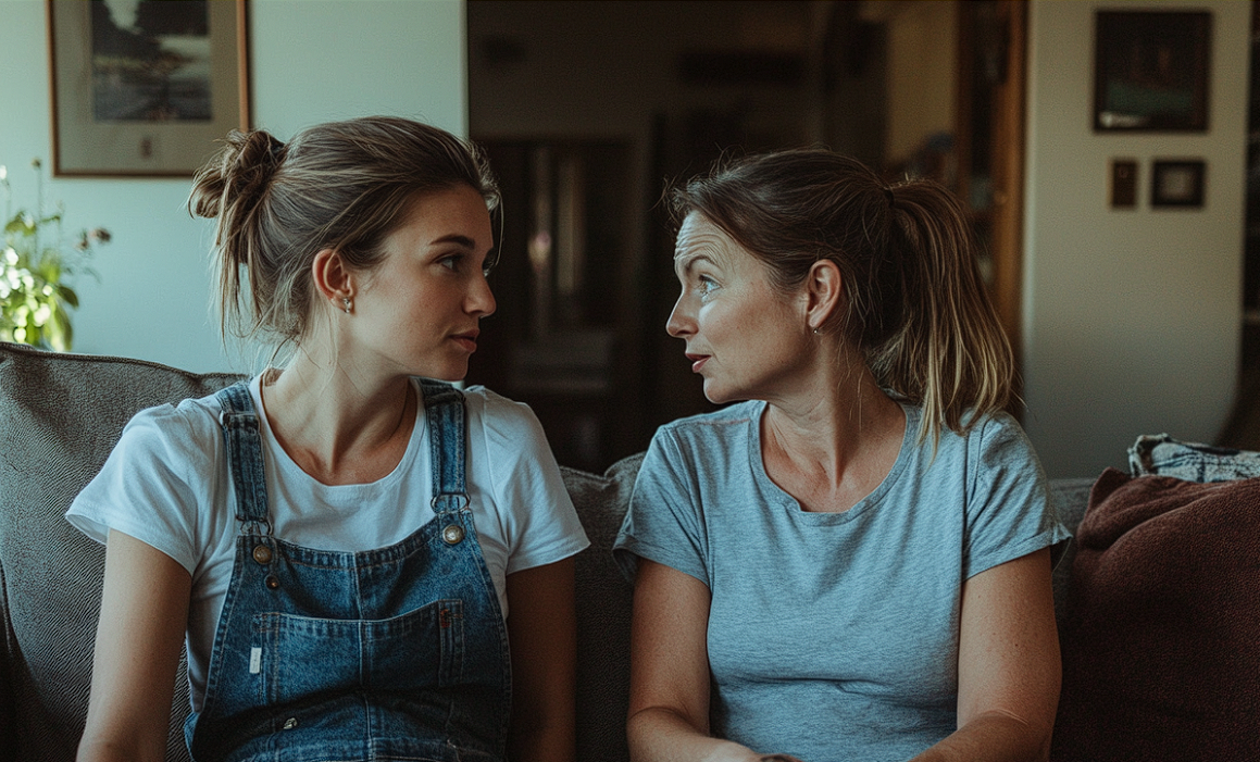 Dos mujeres hablando sentadas en un sofá | Fuente: Midjourney