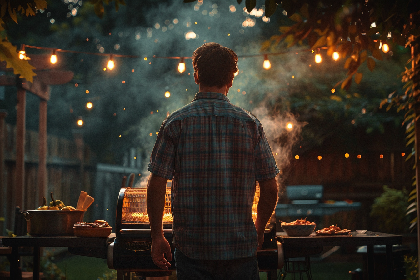 Vista trasera de un hombre cerca de una parrilla | Fuente: Midjourney