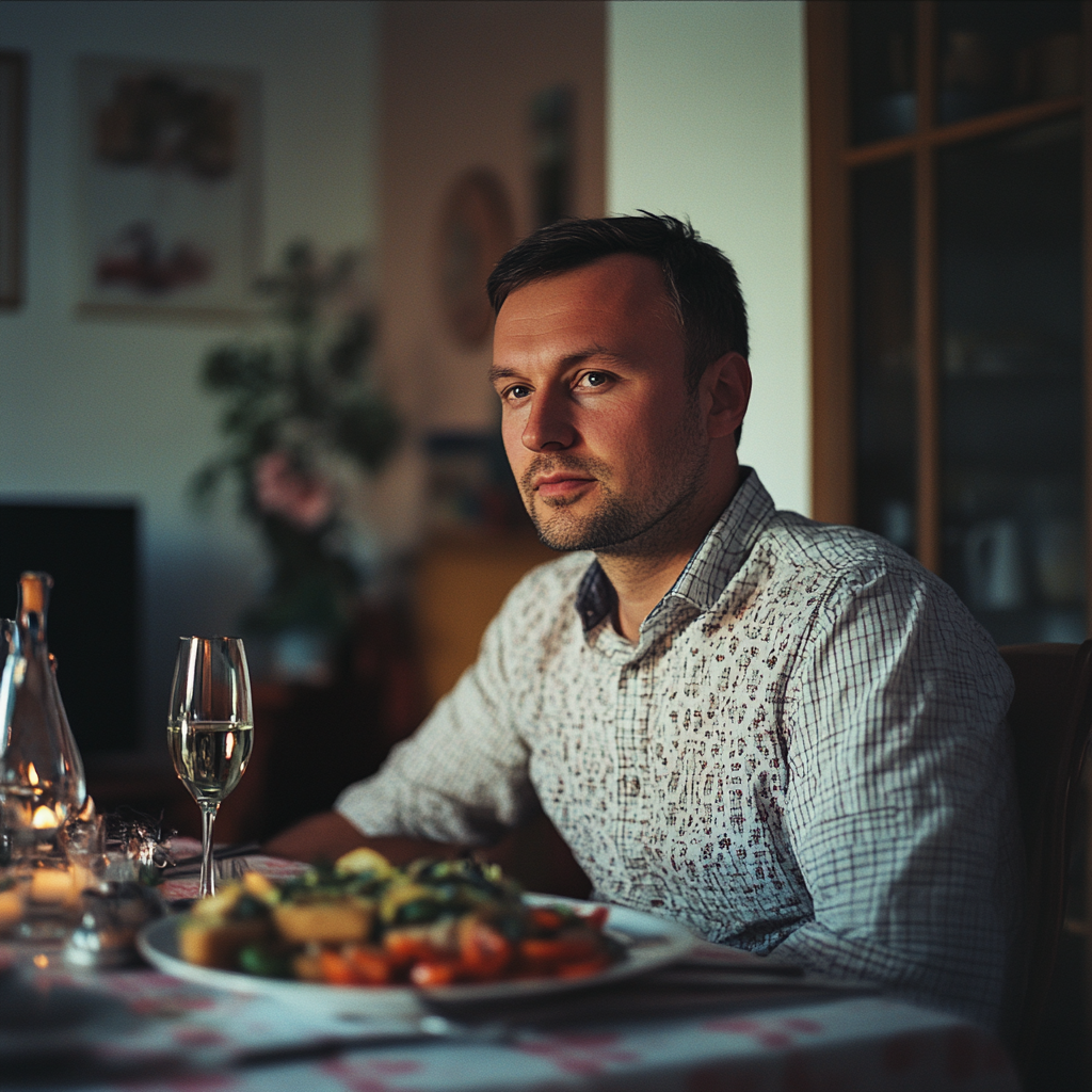 Un hombre serio en una mesa festiva | Fuente: Midjourney