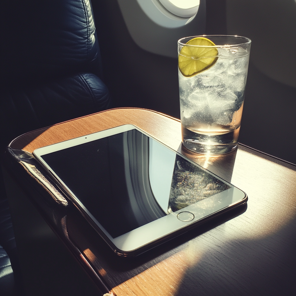 Un iPad y una bebida en una mesa de vuelo | Fuente: Midjourney