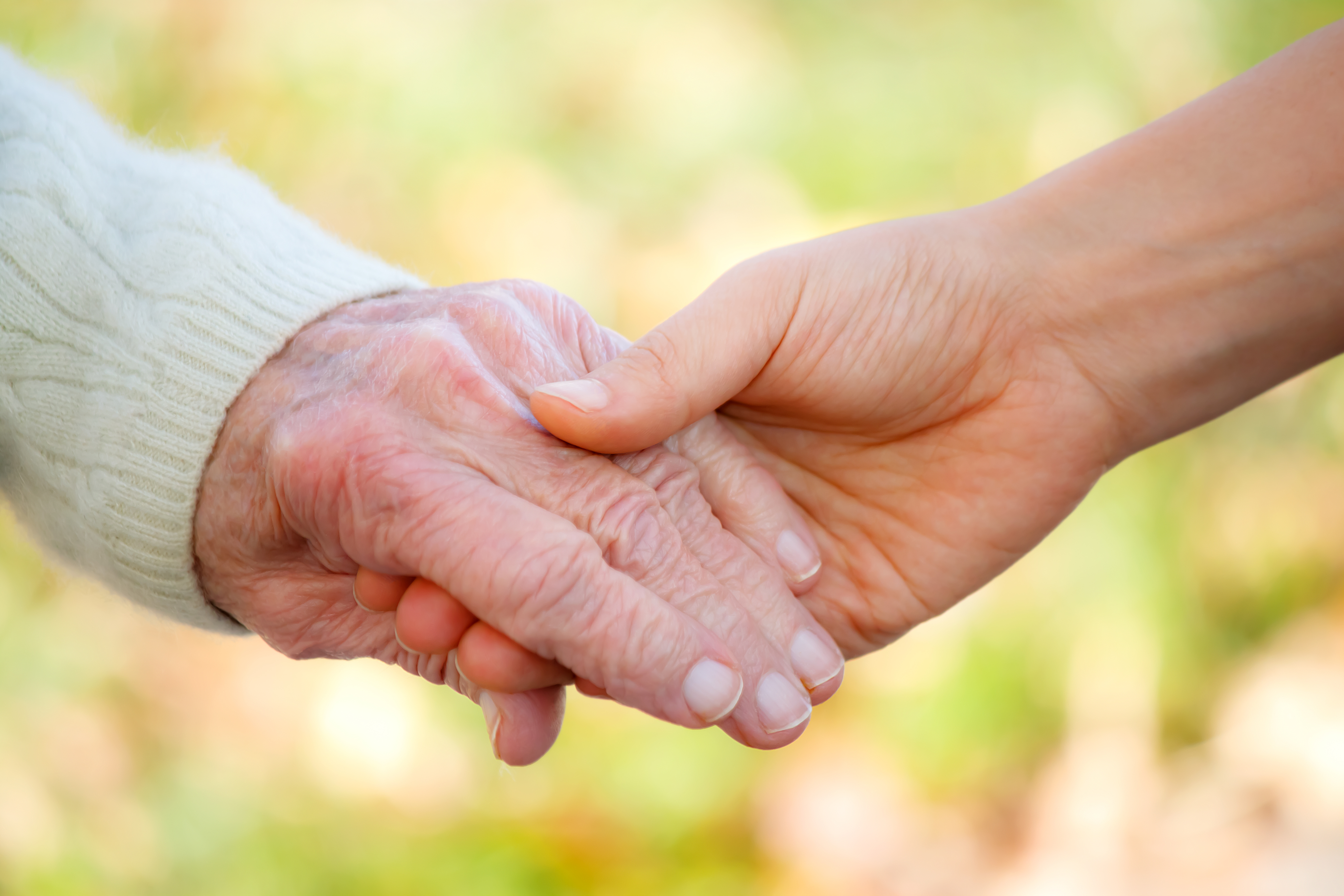 Anciano y joven cogidos de la mano en el exterior | Fuente: Shutterstock