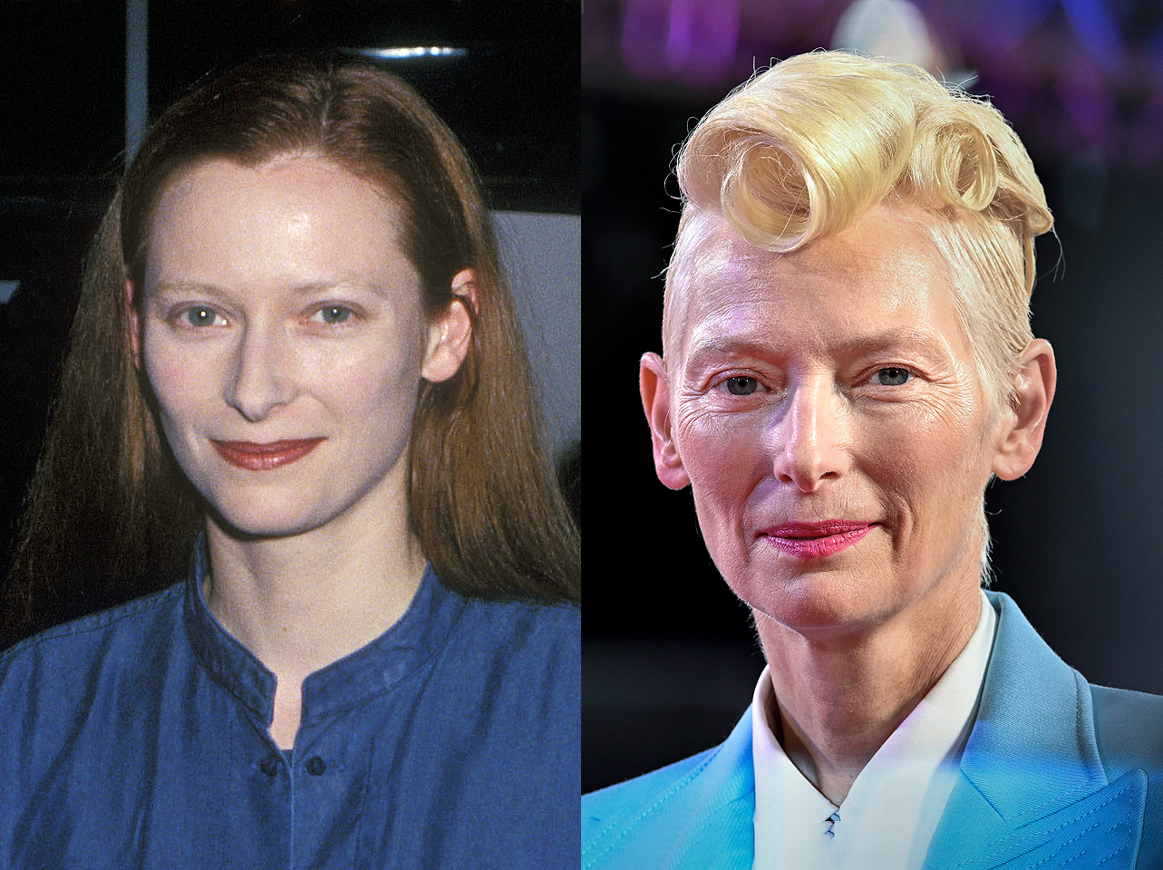 Tilda Swinton en sus años jóvenes y en la actualidad. | Fuente: Getty Images