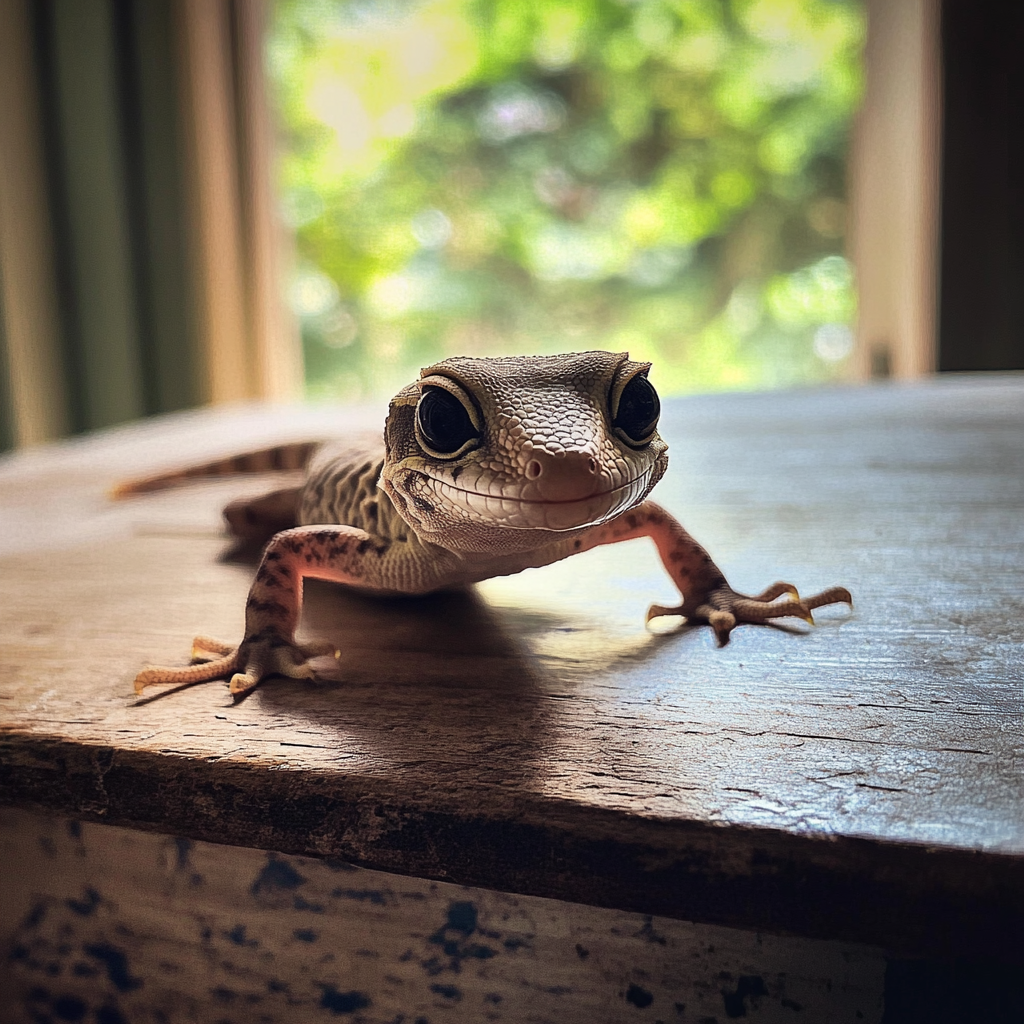 Un geco mascota sobre una mesa | Fuente: Midjourney