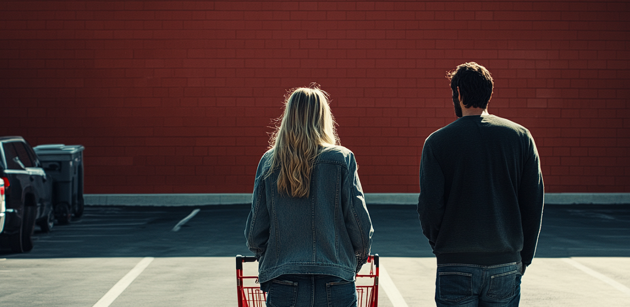 Una pareja en el estacionamiento de un supermercado | Fuente: Midjourney