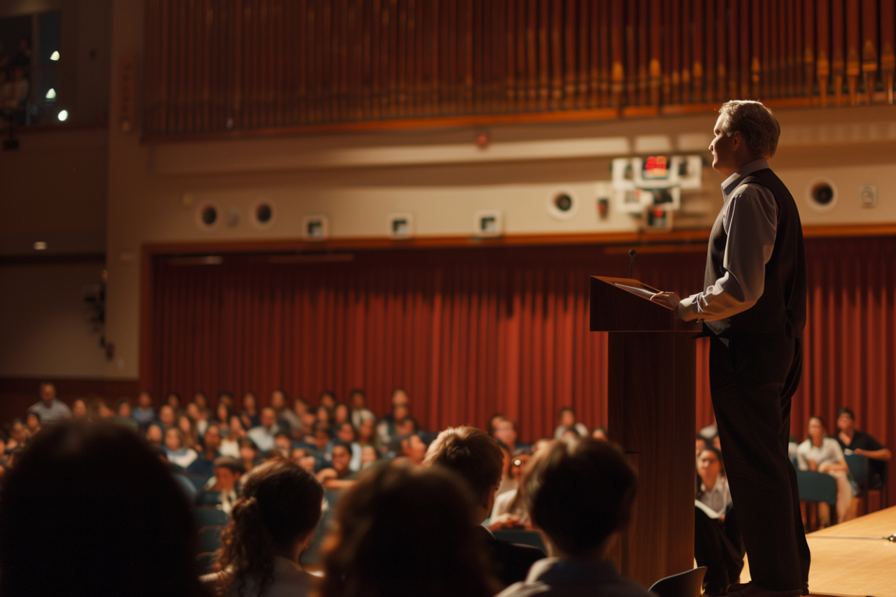 Un director sube al escenario durante una asamblea escolar | Fuente: MidJourney