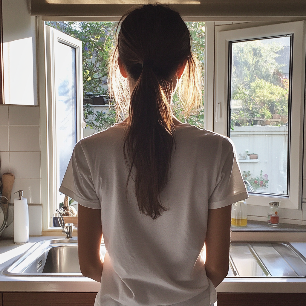 Una mujer ante un fregadero de cocina | Fuente: Midjourney