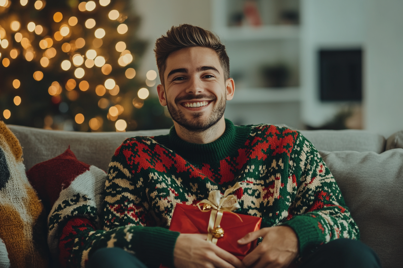 Un hombre feliz sentado en un salón en Navidad | Fuente: Midjourney