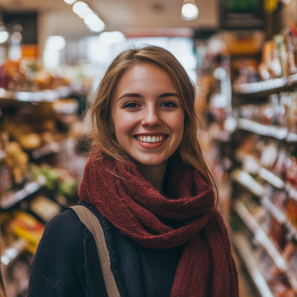 Una mujer sonriente con un pañuelo rojo | Fuente: Midjourney