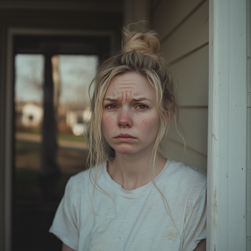 Una mujer de pelo rubio y ojos cansados de pie en el umbral de una puerta | Fuente: Midjourney