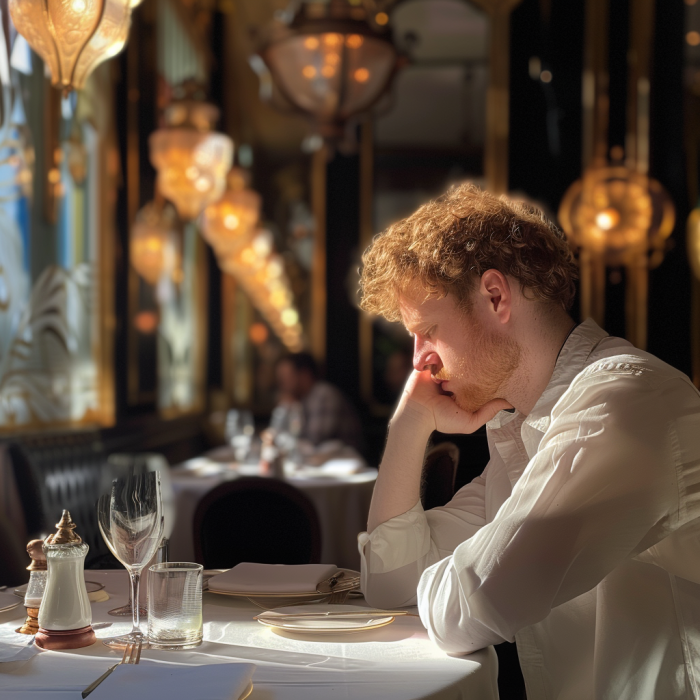 Un hombre deprimido sentado solo en un restaurante | Fuente: Midjourney