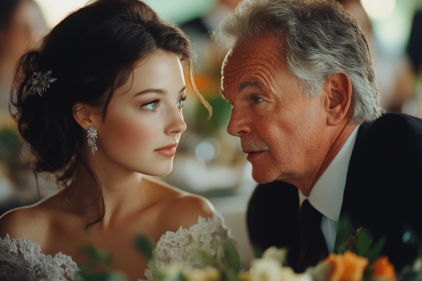 Novia decepcionada hablando con su padre | Fuente: Midjourney