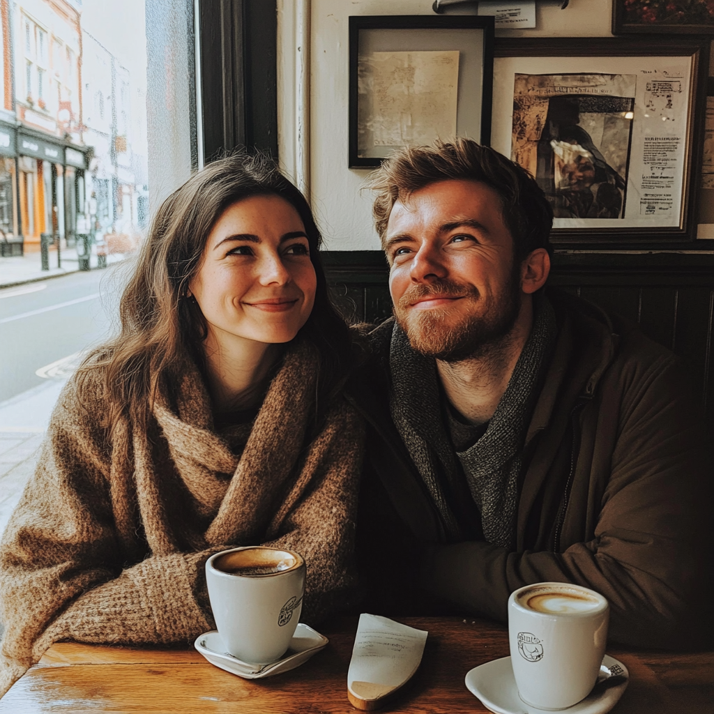 Una pareja sentada en una cafetería | Fuente: Midjourney