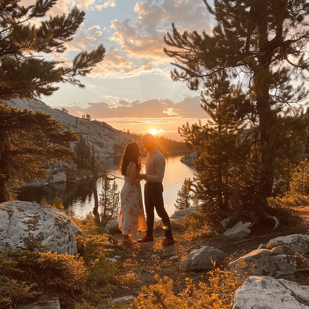 Una pareja mirándose fijamente con la puesta de sol como telón de fondo | Fuente: Midjourney