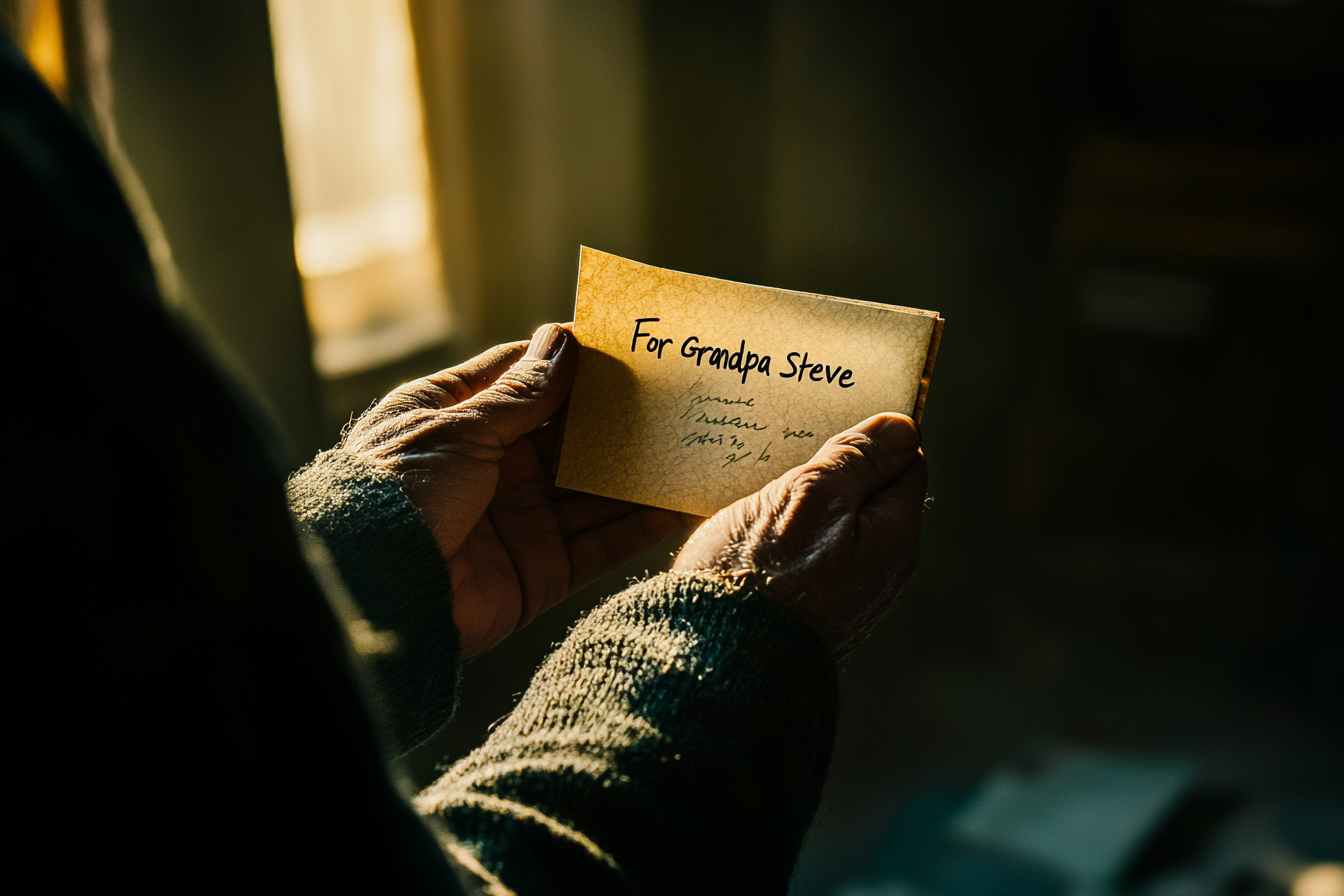 Hombre sosteniendo una carta que dice "Para el abuelo Steve" | Fuente: Midjourney