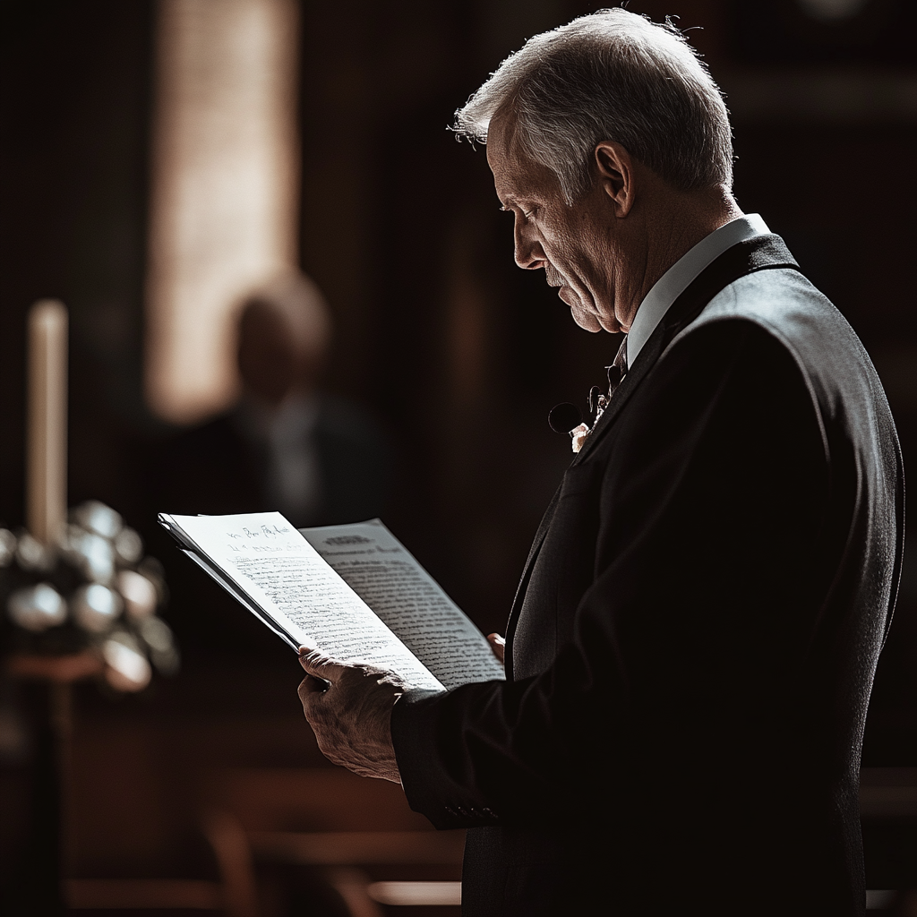 Hombre mayor leyendo una carta en un funeral | Fuente: Midjourney