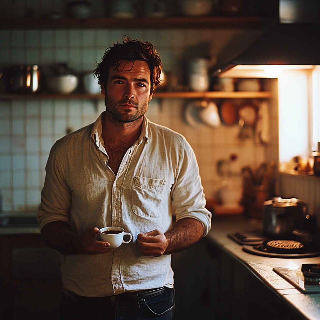 Un hombre cansado con una taza de café en la cocina | Fuente: Midjourney