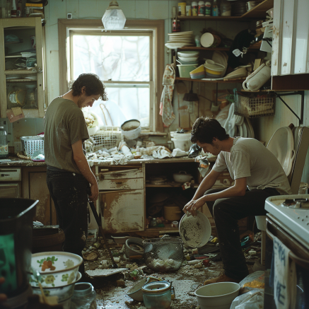 Dos hombres limpiando una casa sucia | Fuente: Midjourney