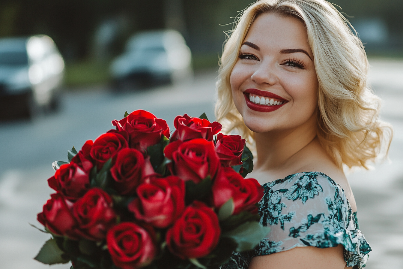 Una mujer sonriente con un ramo en la mano | Fuente: Midjourney