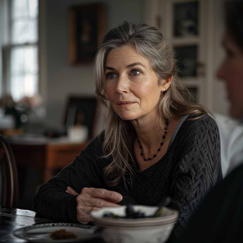 Una mujer de mediana edad expresando sus preocupaciones durante una cena familiar | Fuente: Midjourney