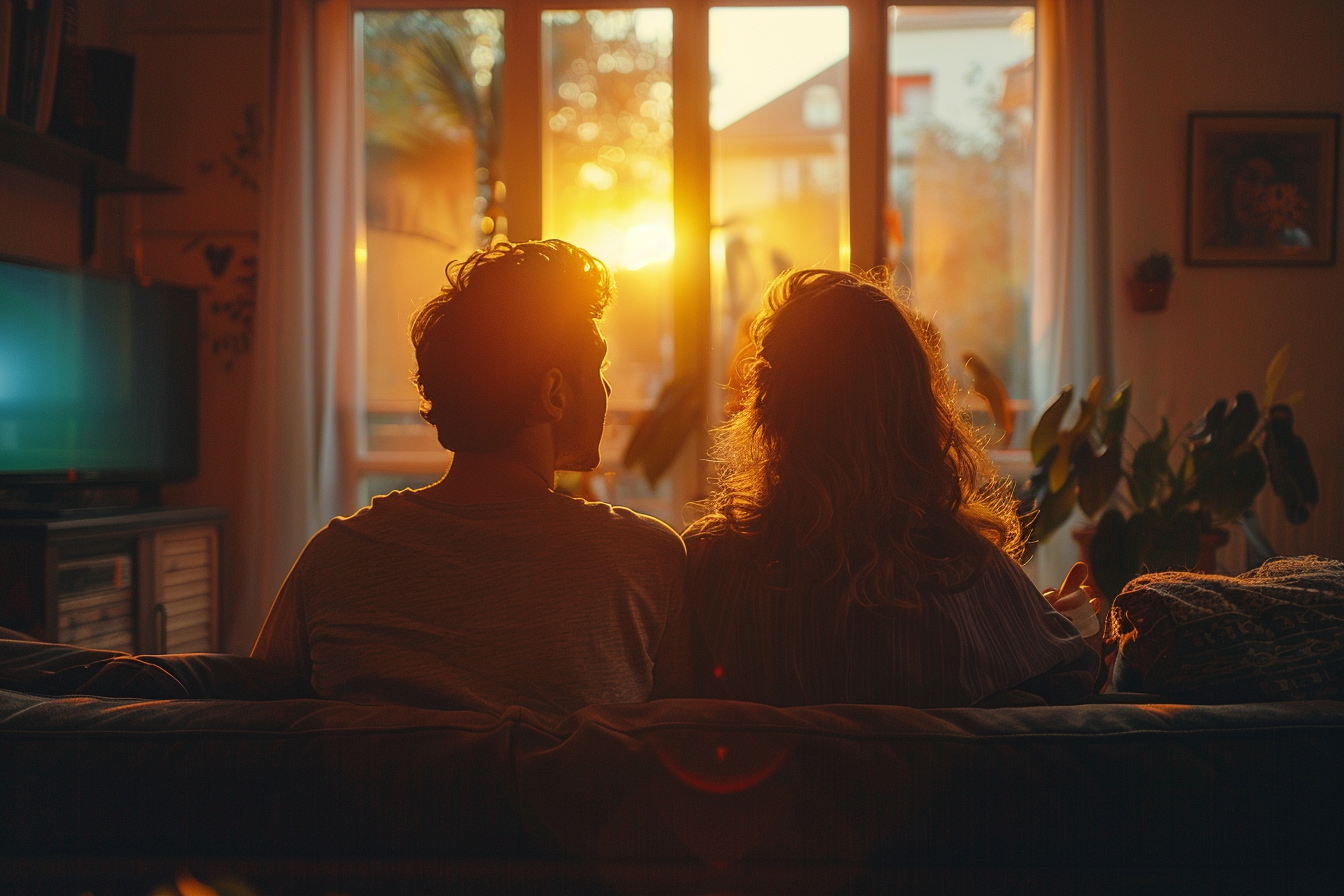 Una pareja sentada en su salón | Fuente: Midjourney