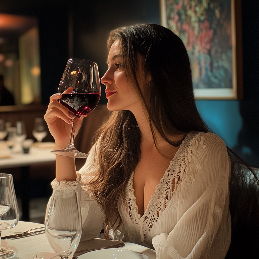 Mujer disfrutando de una copa de vino en un restaurante de lujo | Fuente: Midjourney