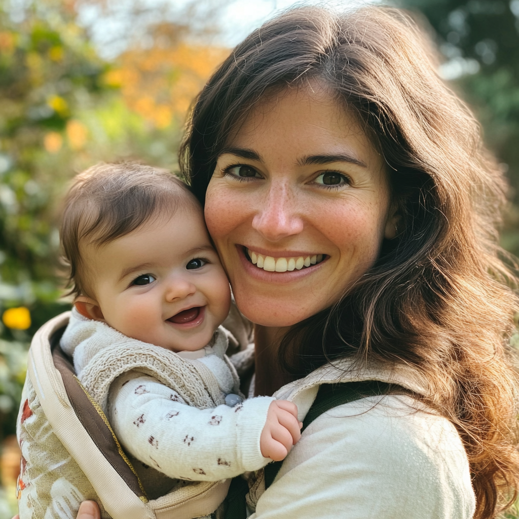 Una mujer sonriente y su bebé en el exterior | Fuente: Midjourney