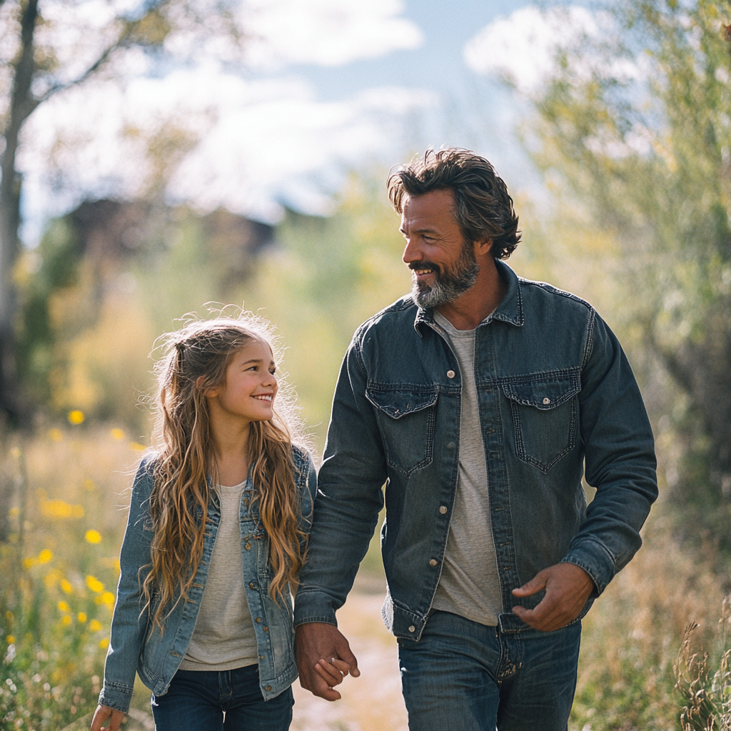 Un padre de la mano de su hija | Fuente: Midjourney