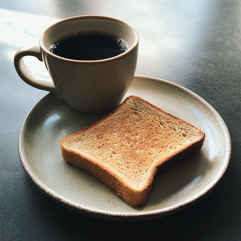 Una rebanada de pan tostado y una taza de café | Fuente: Midjourney