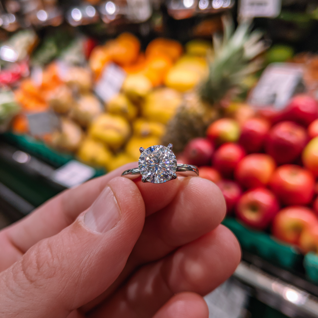 Un uomo con in mano un anello di diamanti | Fonte: Midjourney