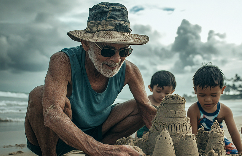 Un anciano construyendo un castillo de arena con unos niños | Fuente: Midjourney