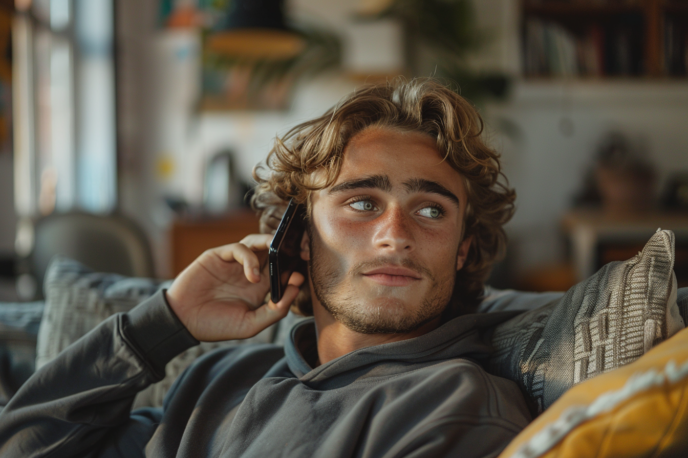 Un joven atendiendo una llamada telefónica en el salón de su casa | Fuente: Midjourney