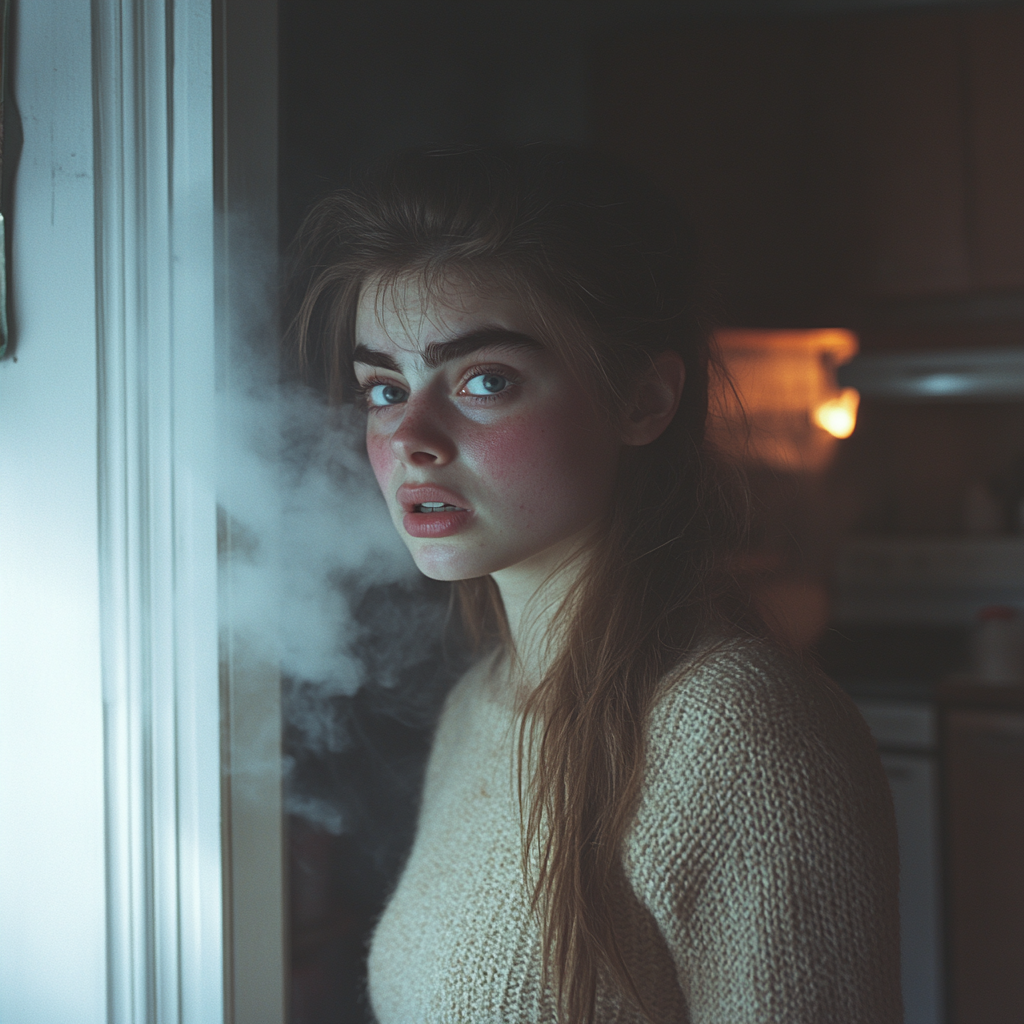 Una mujer conmocionada junto a la puerta de la cocina mientras la rodea el humo | Fuente: Midjourney
