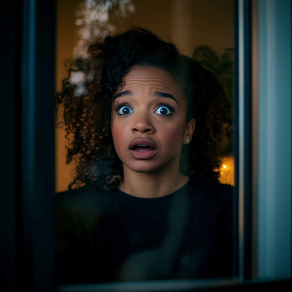 Una mujer negra conmocionada mirando por la ventana | Fuente: Midjourney