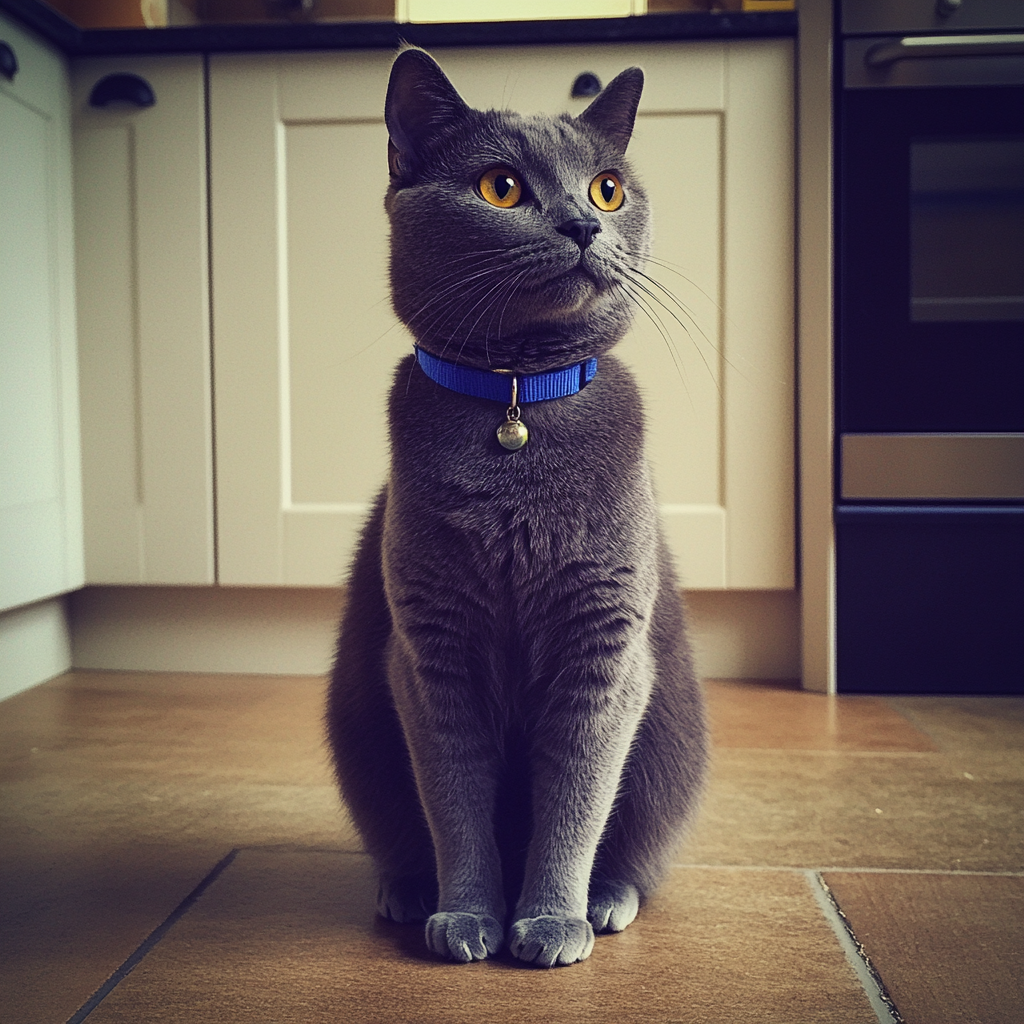 Un gato gris con collar azul | Fuente: Midjourney