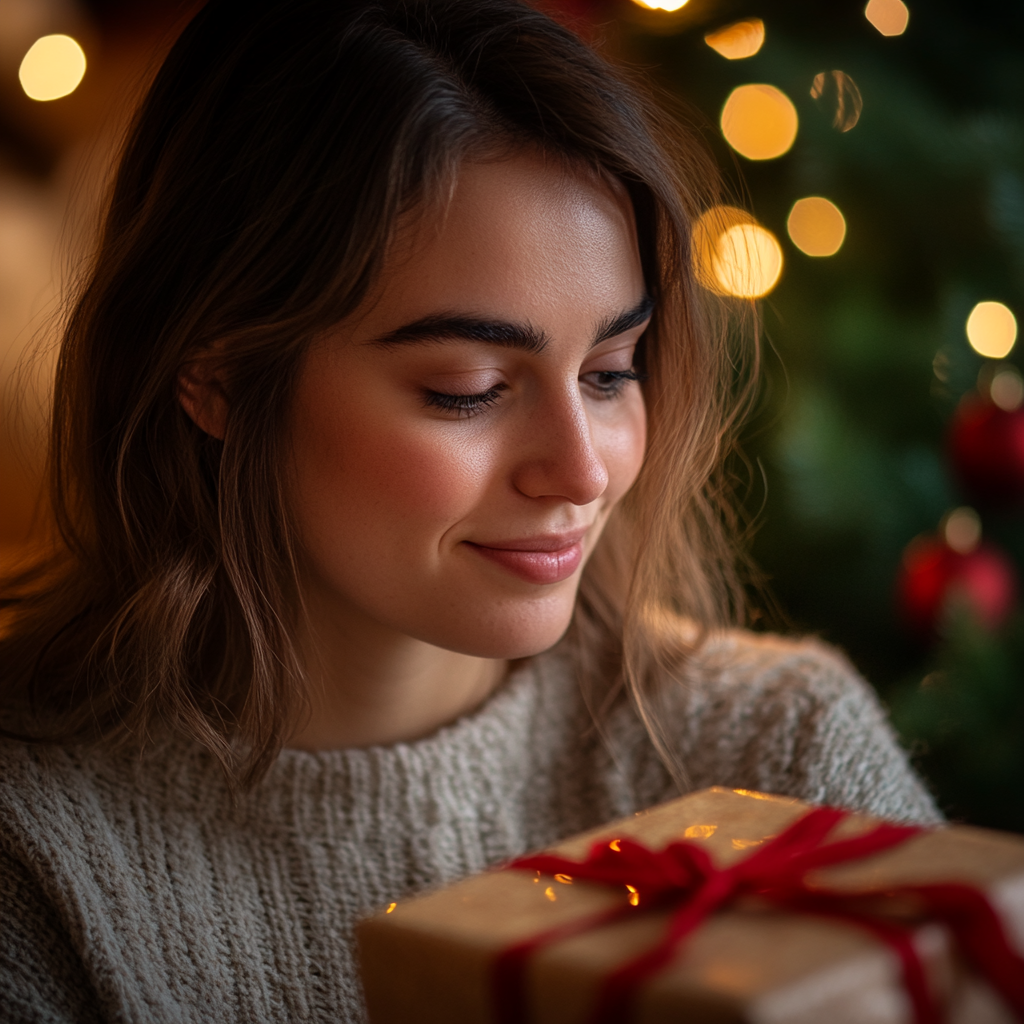 Una joven mirando su regalo con una sonrisa falsa | Fuente: Midjourney