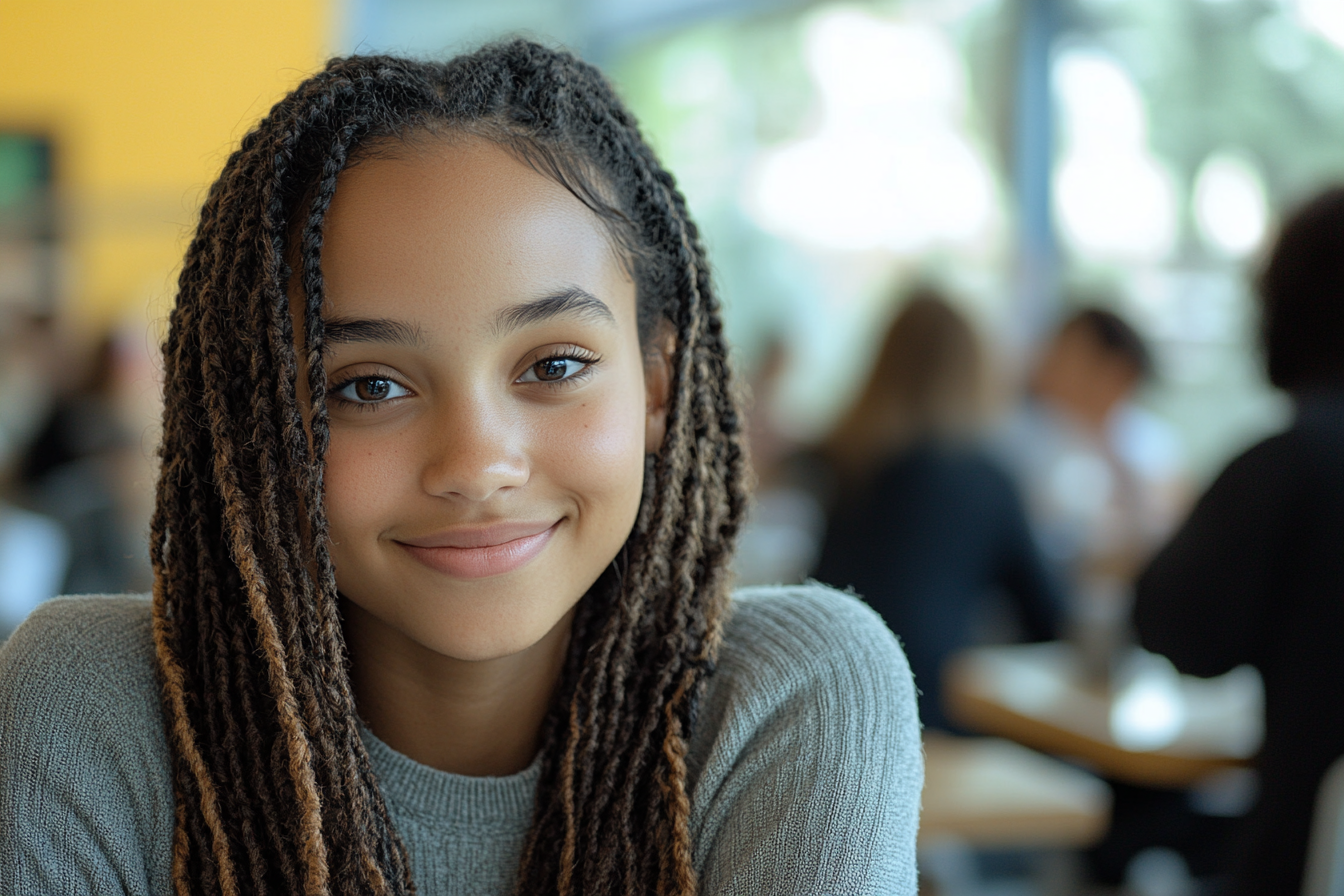 Una chica sentada en una cafetería | Fuente: Midjourney