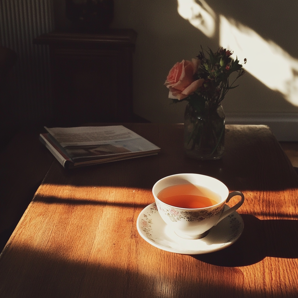 Una taza de té sobre una mesa de café | Fuente: Midjourney